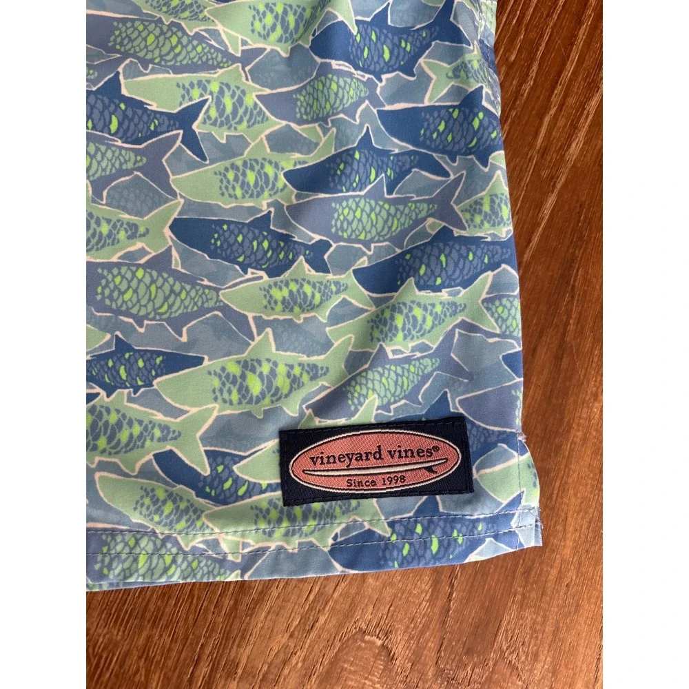Vineyard Vines Boys Blue Green Fish Print Swim Trunks Size L 14:16 Mesh Lined